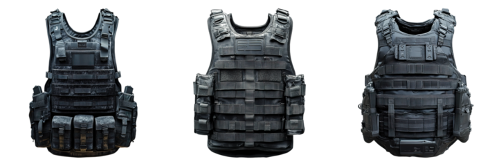 Three black military vests are shown side by side