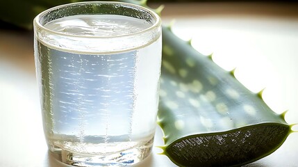 Fresh aloe vera leaf cut lengthwise with clear gel exposed, placed on bright white background, taken with mirrorless camera and 50mm prime lens, natural soft light highlighting gel's translucency