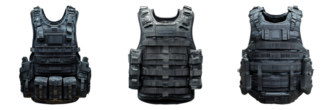 Three black military vests are shown side by side