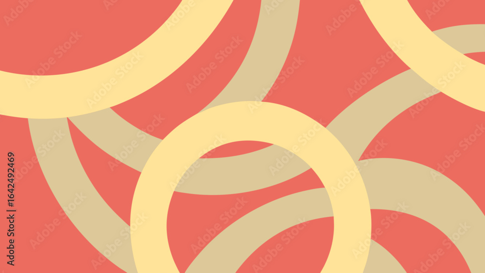Poster overlapping curved bands in beige and yellow on a coral red background abstract pattern