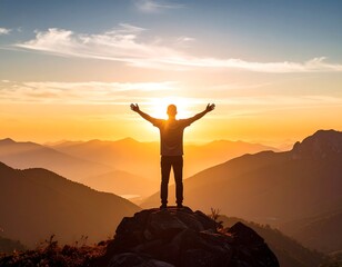A person stands atop a mountain, arms raised, facing a vibrant sunset.