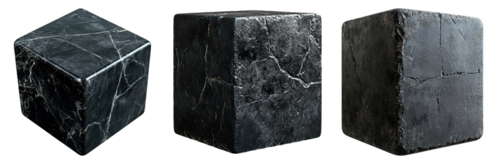 Three black cubes are shown in a row