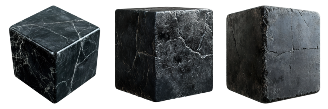 Three black cubes are shown in a row