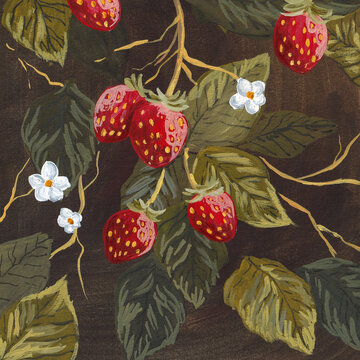 Painting of some strawberries on the branch