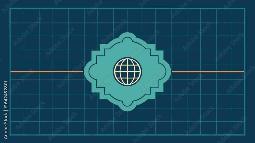 Poster stylized globe icon within an ornate frame on a grid background with a horizontal line world earth