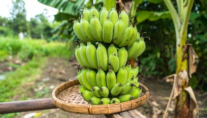 Fresh green bananas in bamboo tray