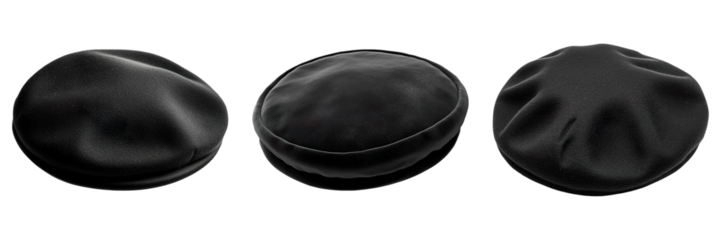 Three black hats are shown in a row