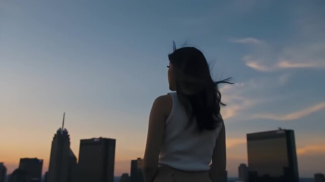 Rooftop Reverie: Silhouette of a woman at sunset in urban panorama. A young woman stands on a rooftop, her gaze fixed on the city skyline, bathed in the warm hues of the setting sun.