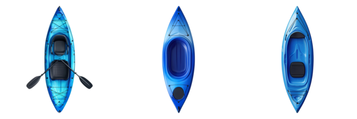 Three blue kayaks are shown in a row