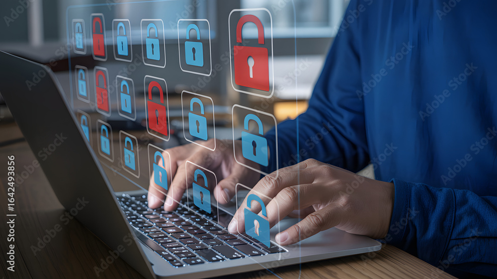 Poster cybersecurity professional securing data using laptop encryption technology online