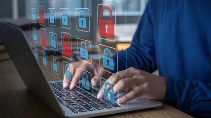 Cybersecurity professional securing data using laptop encryption technology online