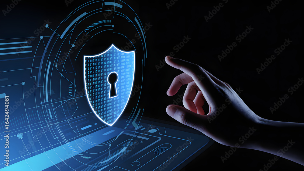 Poster cutting edge cybersecurity technology protecting data with digital shield lock
