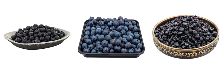 Three bowls of blueberries are shown, with one bowl being filled to the brim