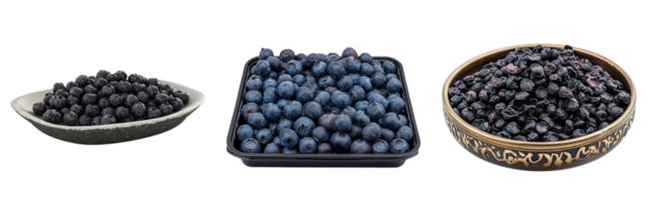 Three bowls of blueberries are shown, with one bowl being filled to the brim