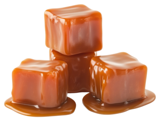 Three caramel cubes stacked and melted caramel chocolate dessert ketchup.