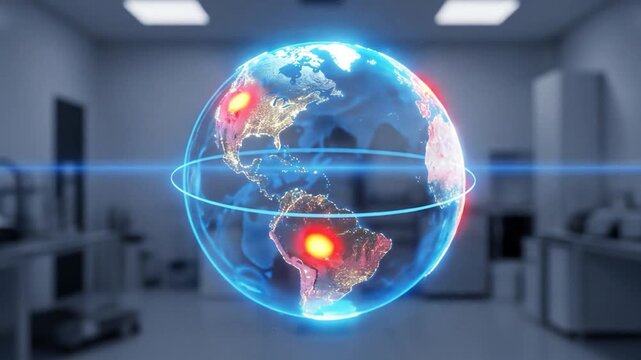 Global Network Connection: Earth Hologram in Futuristic Lab