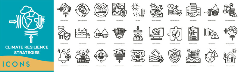 Climate Resilience Strategies icon line set. Climate Resilience, Adaptation Strategy, Ecosystem Recovery, Flood Prevention, Heat Wave, Drought Management and Coastline Protection