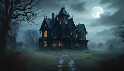 Haunted house night scene gothic architecture digital art eerie environment spooky viewpoint ghostly concept