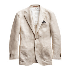Beige Linen Blazer Jacket with Pocket Square on Transparent Background, PNG