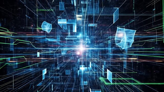 A glowing blue digital network with intersecting lines and geometric shapes