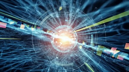 A glowing sphere surrounded by digital rings and abstract blue patterns - Powered by Adobe