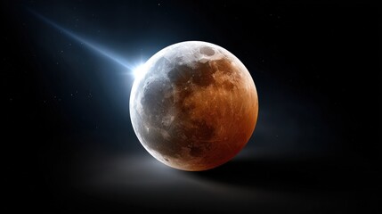 Obraz premium A reddish moon glows brightly in the darkness of space.