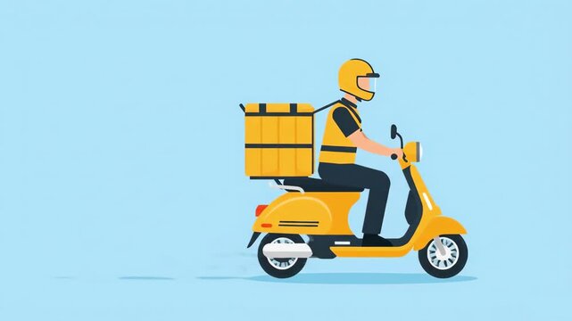 Flat 2D animation of courier riding scooter from left to right on solid pale blue background, clean vector style, high resolution