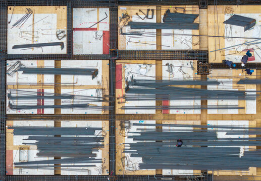 Aerial View of Rebar on Construction Site Floor