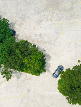 Aerial View Car Parked Among Green Trees Parking Lot