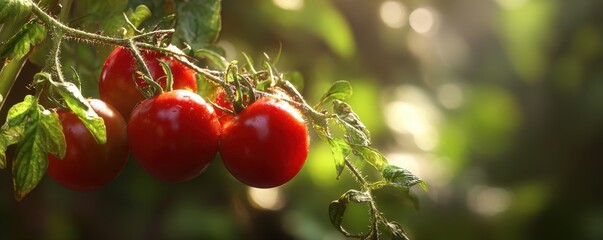 Cluster of vibrant red tomatoes ripen on a prickly vine bathed in warm sunlight