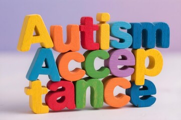 Fototapeta premium Autism Acceptance wooden block letters in bold rainbow colors on rustic table symbolizing neurodiversity autism ADHD inclusion and mental health awareness