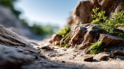 Obraz premium Close-up view of rocks and sand with small plants.