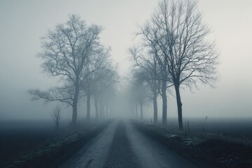 Obraz premium Eerie Misty Road with Trees Along Sides in Foggy and Gloomy Weather Landscape
