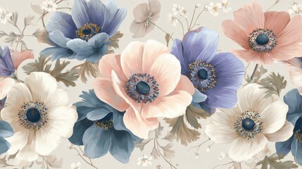 Elegant anemone blossoms create a serene floral arrangement in white, blue, and peach tones