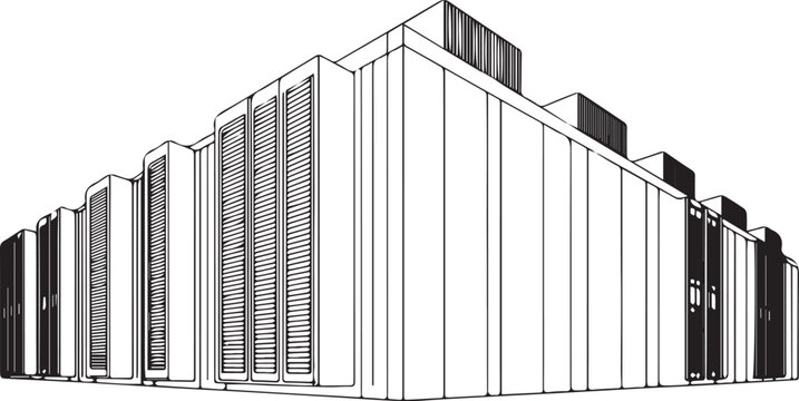 Architecture coloring page for kids and adults, black and white data center sketch line art vector illustration