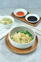 Chicken noodles with vegetables, an Indonesian delicious popular food called mie ayam