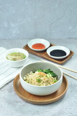 Chicken noodles with vegetables, an Indonesian delicious popular food called mie ayam