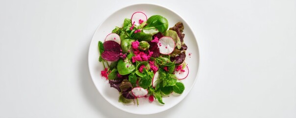 Overhead view reveals a vibrant salad with radish, greens, and pink sprinkles on white plate