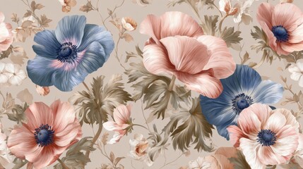 Pastel poppies with blue and pink petals elegantly adorn a soft beige backdrop in artistic arrangement