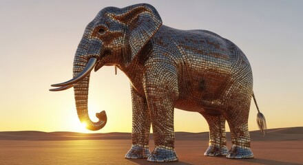 Fototapeta premium Metallic Mosaic Elephant Standing in Desert at Sunset