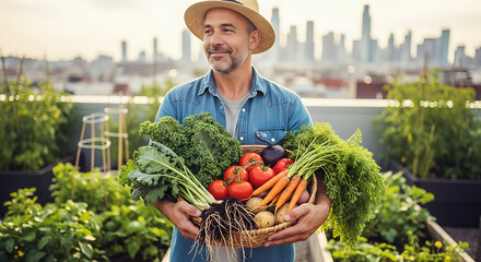 Man Farmer Holding Basket Of Freshly Harvested Organic Vegetables On Rooftop Garden With Cityscape Background