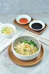 Chicken noodles with vegetables, an Indonesian delicious popular food called mie ayam