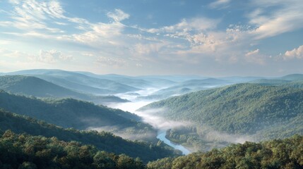 Fototapeta premium Serene morning light illuminates a winding river valley shrouded in light mist