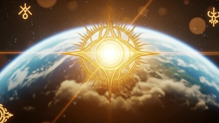 Celestial Golden Eye and Sacred Symbols Illuminate Planet Earth from Deep Space Animation - Powered by Adobe