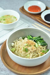 Chicken noodles with vegetables, an Indonesian delicious popular food called mie ayam
