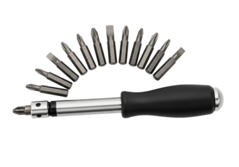 Multi-bit screwdriver set with a black handle and an array of interchangeable bits, isolated on white and transparent background for hardware concepts