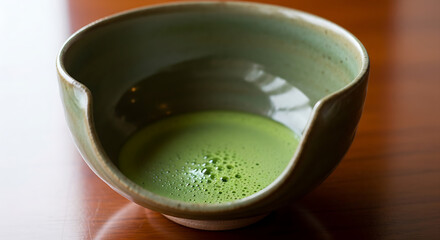 Vibrant Green Matcha Tea in Rustic Ceramic Bowl with Foamy Texture