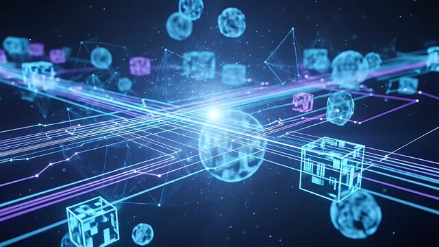 Abstract digital network with glowing geometric shapes and lines