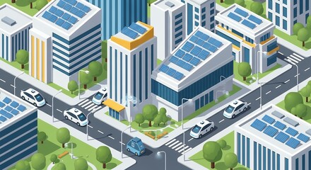 Isometric illustration of a modern city with solar panels and autonomous vehicles, concept for sustainable urban development, eco-friendly transportation and renewable energy solutions