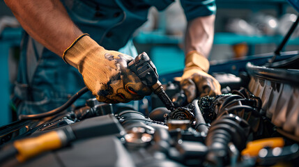 Automotive technician repairing engine tools